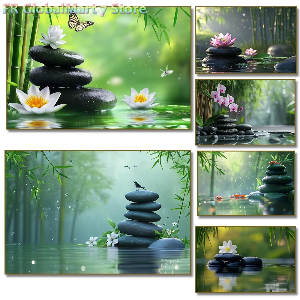 Resin Art Wallpaper - 1枚入り、フレームなしのダイヤモンドペイント「禅の石と白蓮の花」、竹と蝶のポスタープリント、壁掛けアート、心を落ち着かせる効果あり。