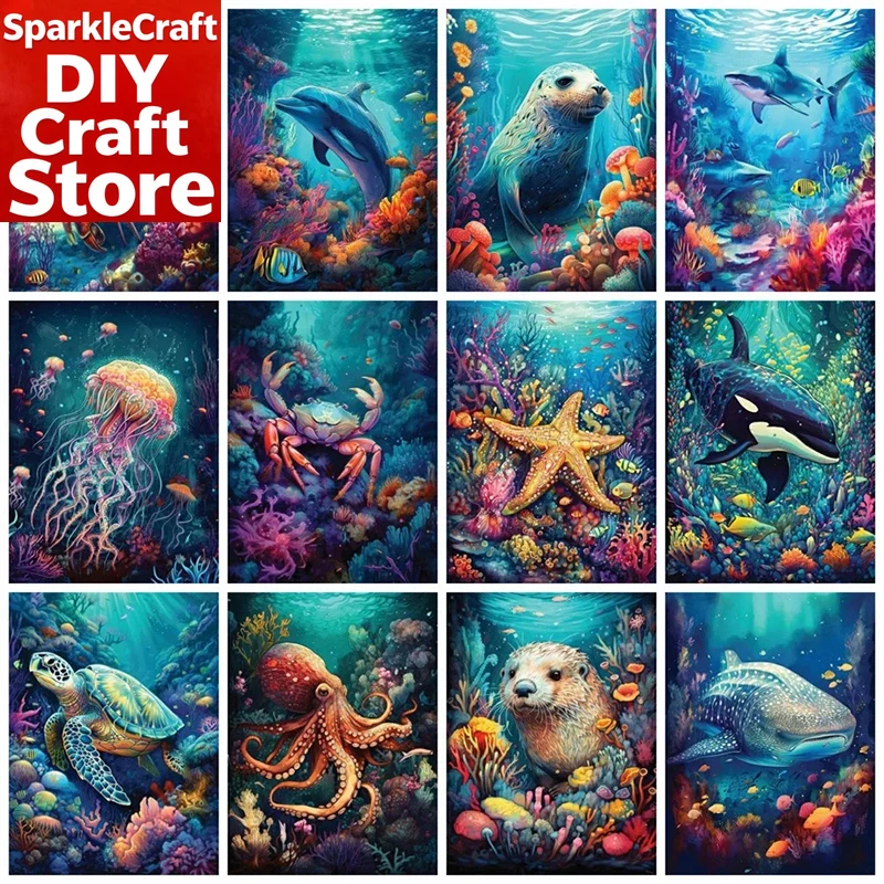 Resin Art Wallpaper - 1PC フレームレスフルスクエアラウンドダイヤモンド塗装キットイルカウミガメ家の装飾刺繍モザイク動物壁アート